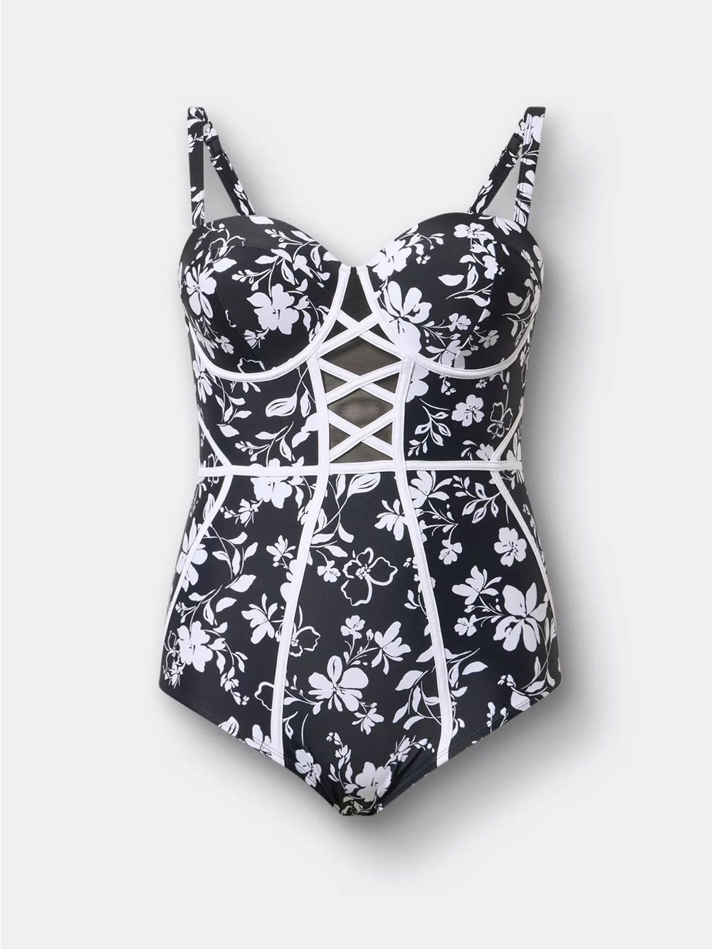 NWT Torrid 3-D/DD Slim Fix Wired XO One Piece Swimsuit Black Floral Lace Up